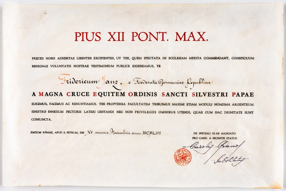 PRIVILEGE OF POPE PIUS XII FOR FRIEDRICH JANZ TO WEAR THE GRAND CROSS OF THE ORDER OF SILVESTER (1 of 1)