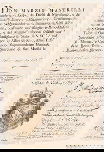 TRAVEL LETTER BY DON MARZIO MASTRILLI: Printed document with etching showing the coat of arms and various signatures, Naples, September 21, 1798. 33 x 22 cm, frame: 46 x 33 cm By order of His Majesty, addressed to several