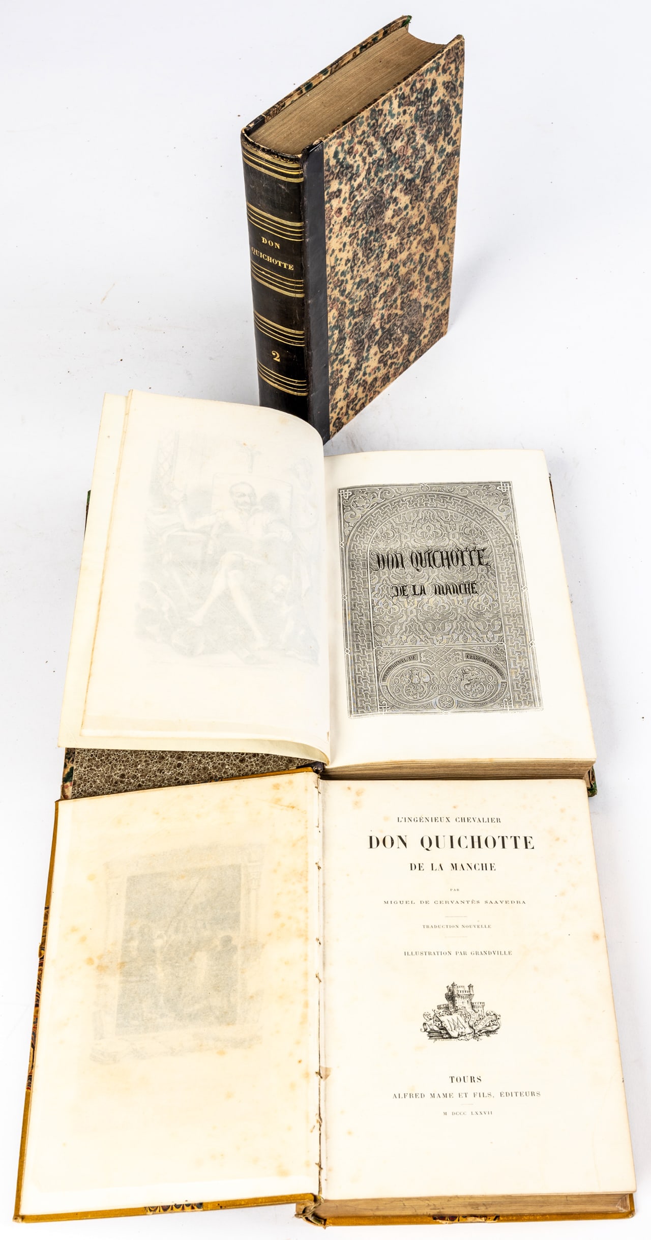 3 BOOKS ABOUT DON QUIXOTE: 1&2: L’INGENIEUX HIDALGO DON QUICHOTTE DE LA MANCHE, by Miguel de Cervantès Saavedra, traduite... by Louis Viardot et illustrée by Tony Johannot, 2 volumes, Paris 1836 and 1840, no