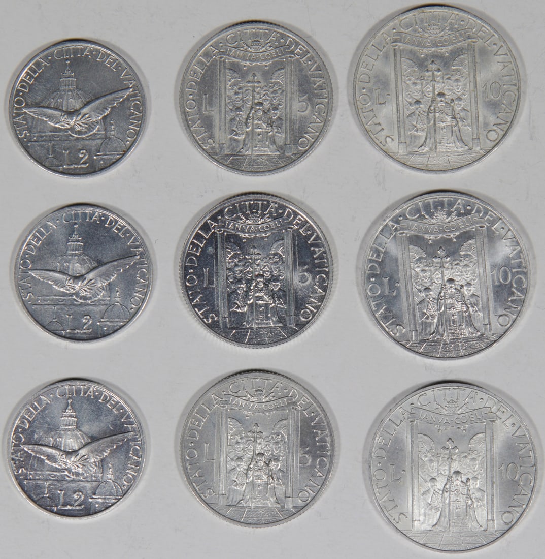 VATICAN 9 COINS 1950 POPE PIUS XII (1939-1958) (1 of 2)