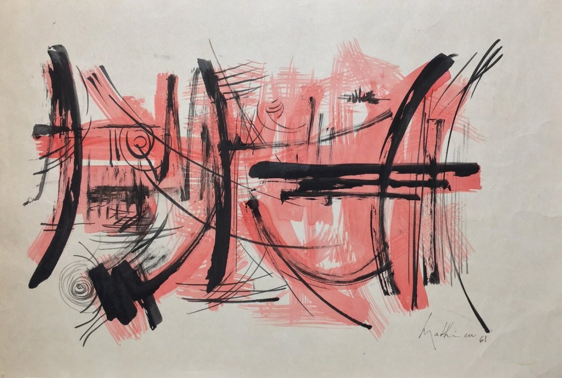 Painting: Attributed to: GEORGES MATHIEU (French,: Painting: Attributed to: GEORGES MATHIEU (French, 1921-2012), Mixed Media on Paper, 12 in x 18 in