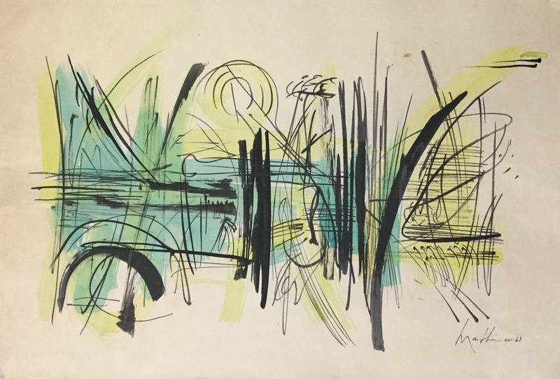 GEORGES MATHIEU (1921-2012): GEORGES MATHIEU (1921-2012), Title: Composition, Medium: Mixed media on paper, Date: 1961, Size: 12 ½ x 18 ¼ in. COA. Is associated with Tachism (French for stain-making), a style of painting practi
