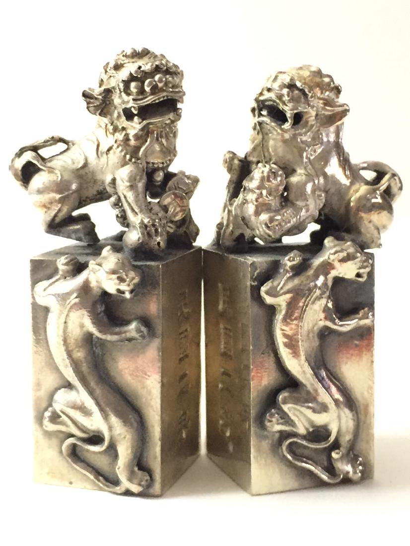 Solid Tibet Silver KYLIN Temple Guardian FOO DOGS: Chinese Hallmarked Solid Tibetan Silver Foo Dogs