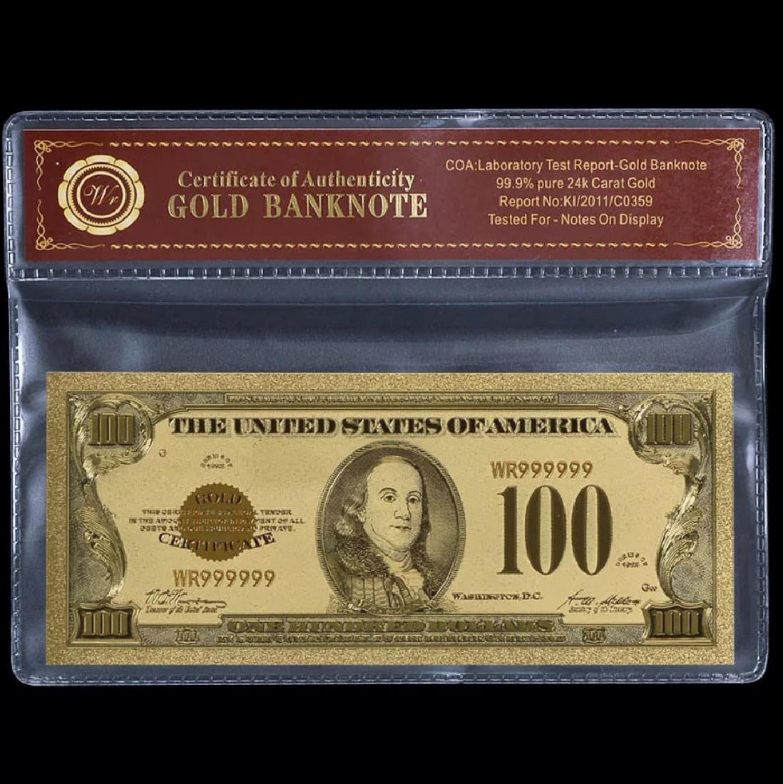 1928 Lab Tested $100 Gold Certificate Banknote: 24k Gold Plate Tested for Bank Notes on Display