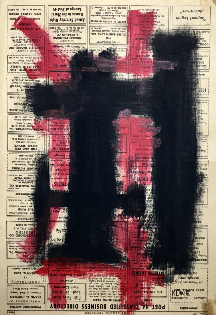 FRANZ KLINE (1910-1962): FRANZ KLINE (1910-1962) Attrib., Title: Untitled, Medium: Mixed media on newspaper, Date: 1958, Size: 17 ½ x 12 in. COA. Was an American Abstract Expressionist known for his distinctive monochromatic