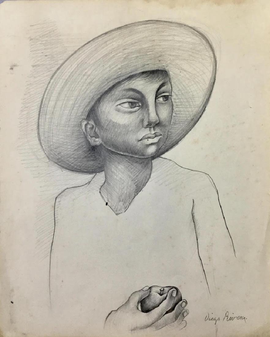 DIEGO RIVERA (1886-1957): DIEGO RIVERA (1886-1957) Title: Niño con Manzana, Medium: Pencil on paper, Date: 1947, Size: 17 x 13 in. COA by Mrs. Ruth Alvarado Rivera. Was one of Mexico’s most acclaimed painters whose large fr