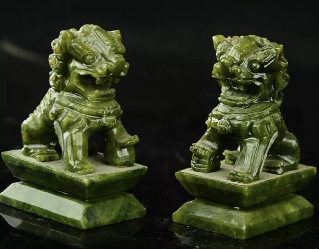 Pair of Early Hand Carved Spinach JADE Foo Dogs: Very Ornate – See all Photos