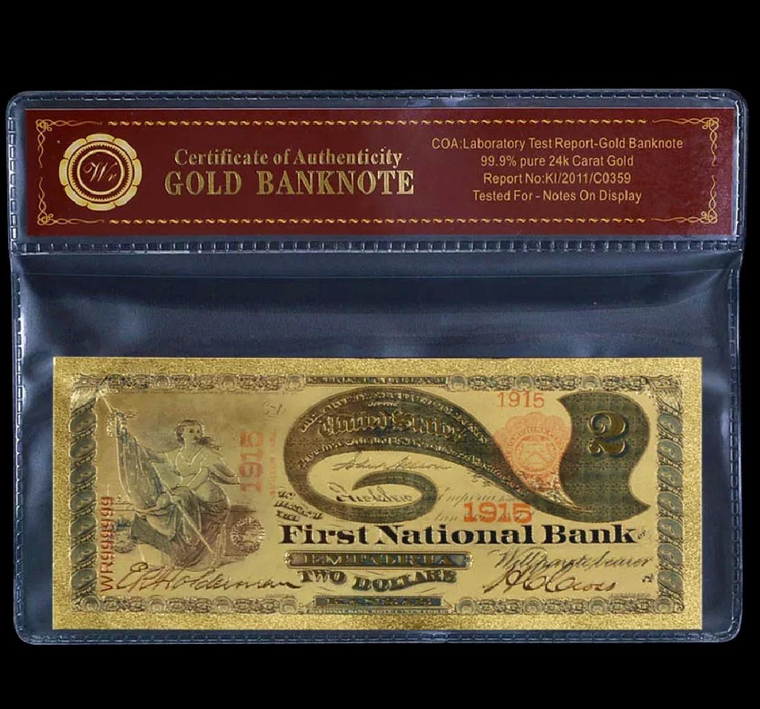 1875 Emporia Lab Tested 24k Gold $2 U.S. Banknote: First National Bank Emporia Kansas w/COA 24k Gold Plate Tested for Bank Notes on Display