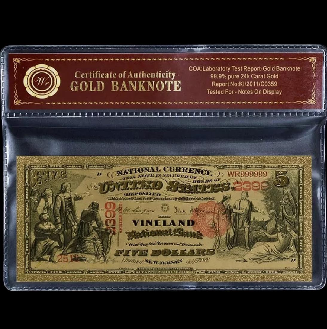 1875 Lab Tested 24k Gold $5 U.S. Banknote: Vineland National Bank of New Jersey w/COA 24k Gold Plate Tested for Notes on Display