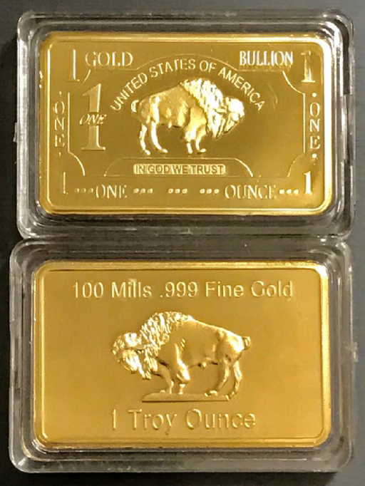 1 Troy Ounce 999 Fine Gold Clad Buffalo Bullion Bar
