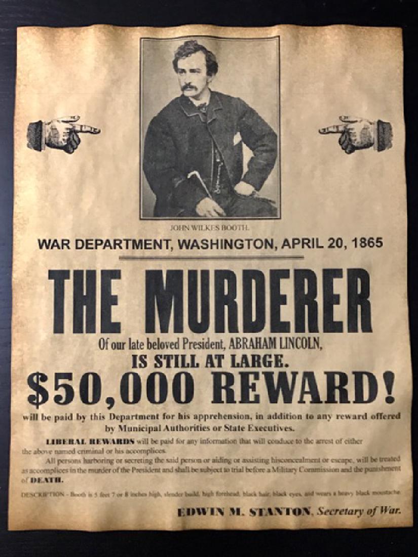 Abraham Lincoln Murderer Wanted Reward Poster: Aged Parchment Like Paper – Print Date Unknown