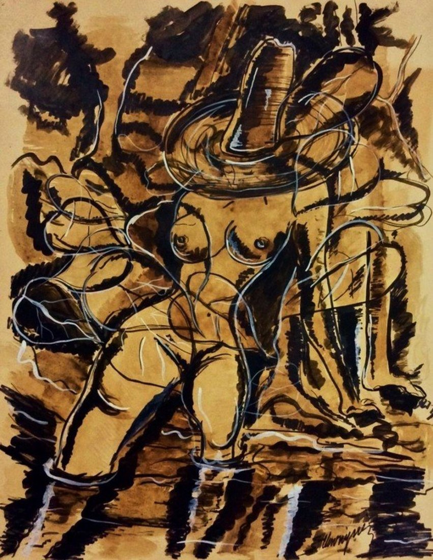CARLOS ENRIQUEZ (1900-1957): CARLOS ENRIQUEZ (1900-1957) Title: Untitled, Medium: Mixed media on paper, Date: ca 1949, Size: 23 x 18 in. COA. Was born in Zulueta, Cuba in 1900. His formal artistic training was scant, yet he had a