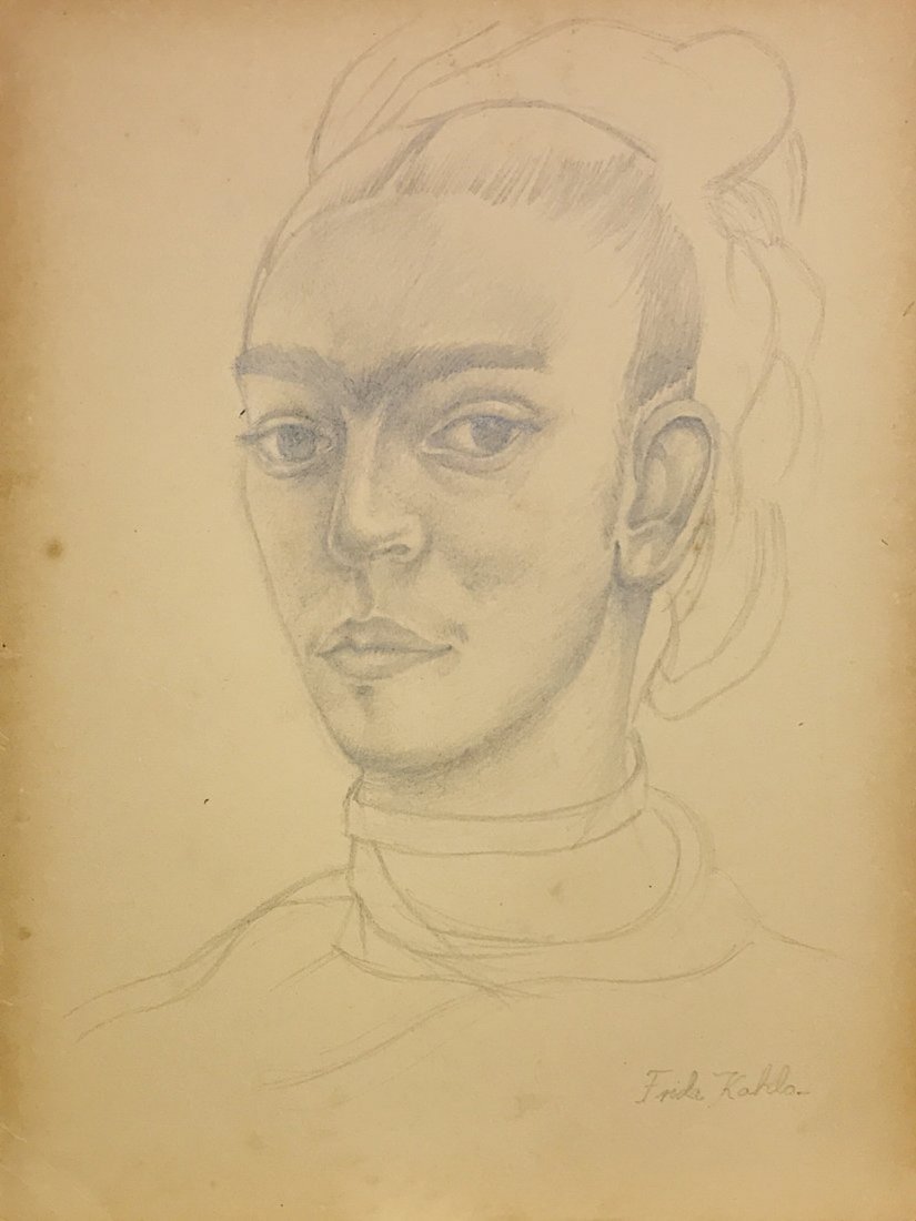 FRIDA KAHLO (1907-1954): FRIDA KAHLO (1907-1954) Title: Autorretrato, Medium: Pencil on paper, Date: ca 1950, Size: 11.75 x 8.75 in. COA by Mrs. Ruth Alvarado Rivera. Was a celebrated Mexican painter known for her complex sel