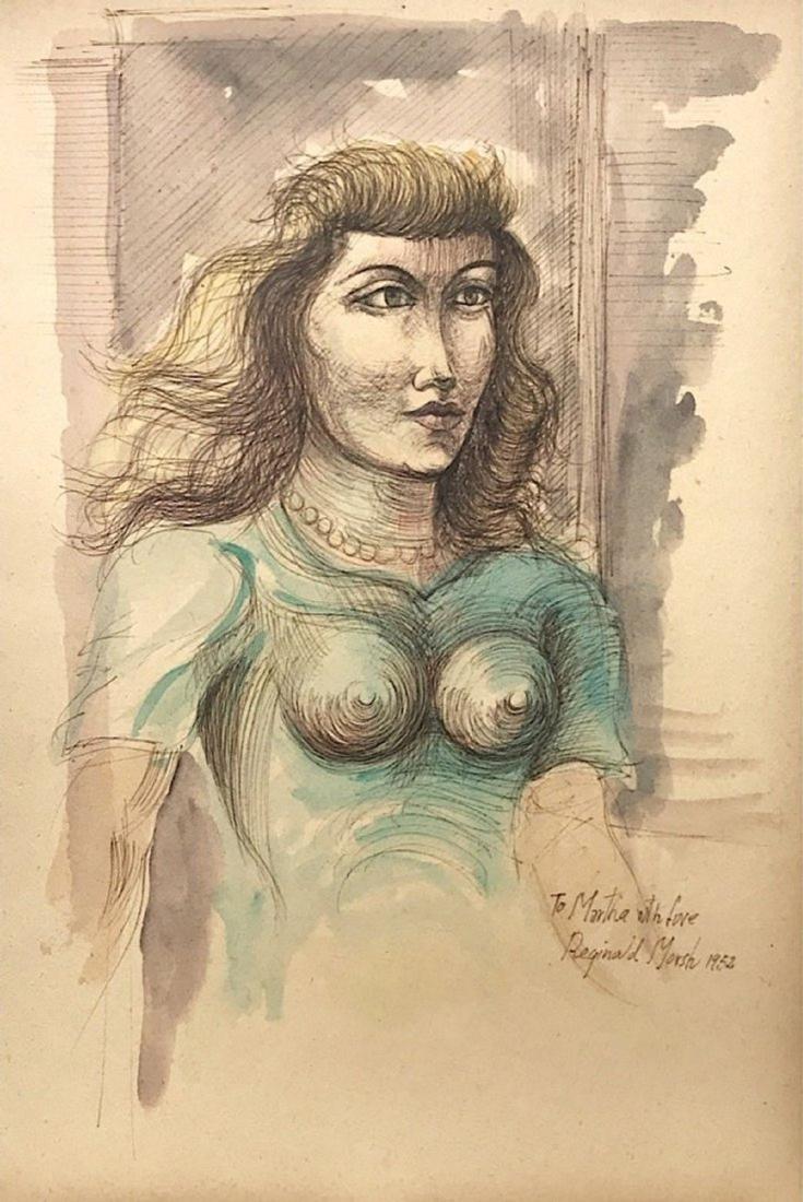 REGINALD MARSH, Mixed media on paper: REGINALD MARSH (1898-1954) Title: Untitled (To Martha with love), Medium: Mixed media on paper, Size: 16 x 11 in, Date: 1952. (Attrib.). Was an American painter, renowned for his depictions of New Yor