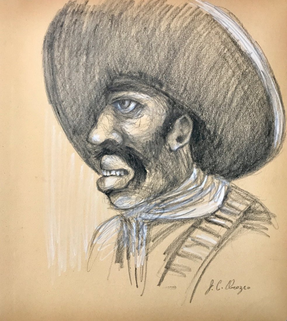 JOSE CLEMENTE OROZCO, Charcoal on paper: JOSE CLEMENTE OROZCO (1883-1949) Title: Untitled, Medium: Charcoal on paper, Size: 12.50 x 11 in, Date: c. 1940-45. (Attrib.) Was a Social Realist painter, and one of the most well-known proponents of
