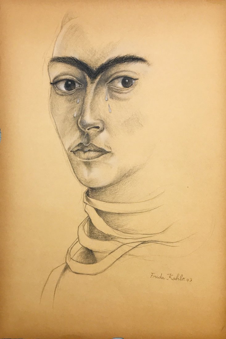 FRIDA KAHLO, Pencil on paper.: FRIDA KAHLO (1907-1954) Title: Autorretrato, Medium: Pencil on paper, Date: c. 1943, Size: 18 x 12 in. COA by Mrs. Ruth Alvarado Rivera. Was a celebrated Mexican painter known for her complex self-por