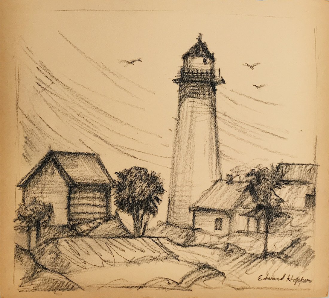 EDWARD HOPPER, Charcoal on paper: EDWARD HOPPER (1882-1967) Title: Untitled (House in Landscape), Medium: Charcoal on paper, Date: c. 1950, Size: 11 x 12.25 in. (Attrib.) Was an American Modern master, famous for his realist oil paint