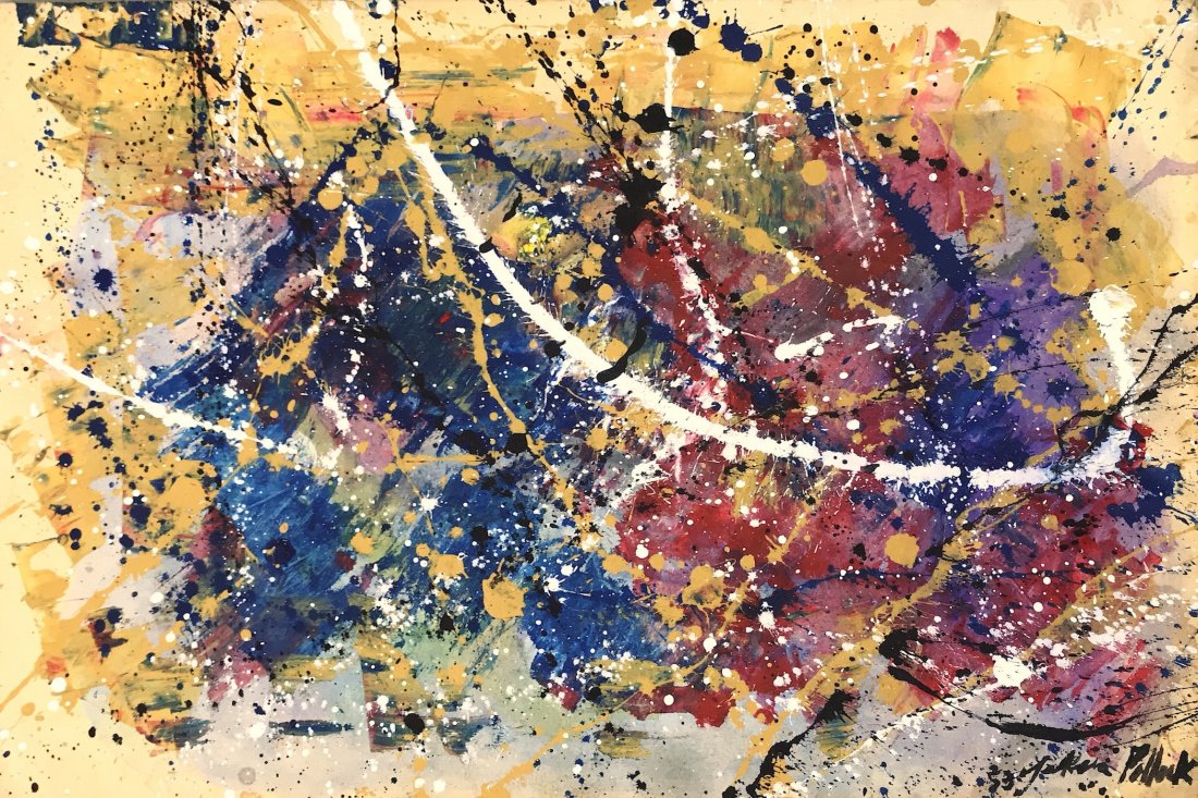 JACKSON POLLOCK, Mixed media on Cardboard: JACKSON POLLOCK (1912-1956) Title: Untitled, Medium: Mixed media on cardboard, Size: 12 x 18 in, Date: c. 1950. (Attrib.) Was one of the most famous Post-War American artists. A pioneer of Abstract Ex