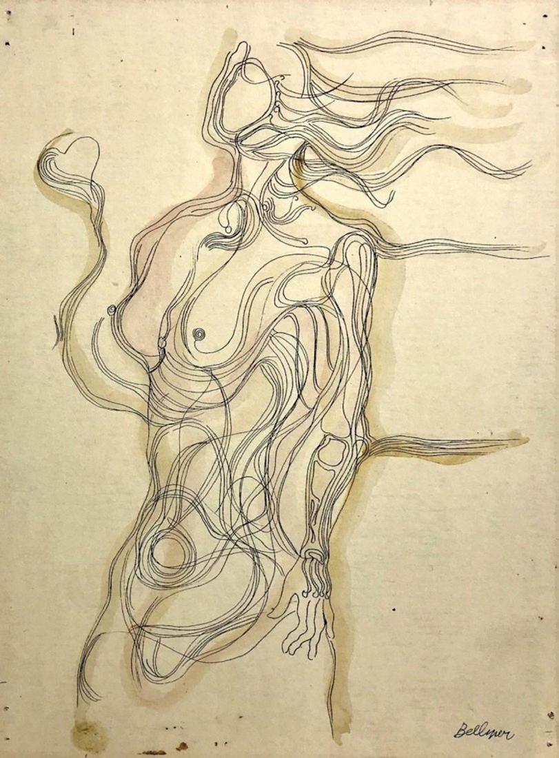 HANS BELLMER, Mixed media on board: HANS BELLMER (1902-1975) Title: Untitled (Personnage), Medium: Mixed media on board, Size: 13.75 x 11 in, Date: c. 1958. (Attrib. AC). Was a German Surrealist artist known for his life-size dolls and 