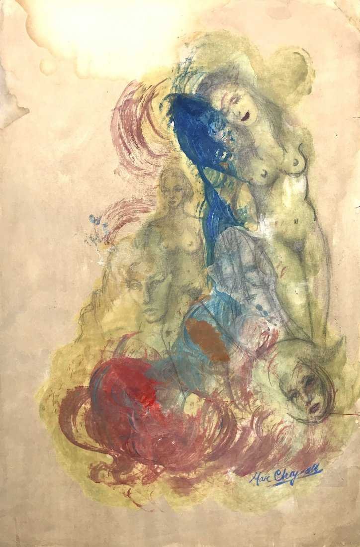MARC CHAGALL, Mixed Media on Paper: MARC CHAGALL (1887-1985) Title: Untitled, Medium: Mixed Media on Paper, Size: 17.75 x 11.75 in, Date: c. 1950. (Attrib.) Was a French-Russian artist whose work anticipated the dream-like imagery of Su