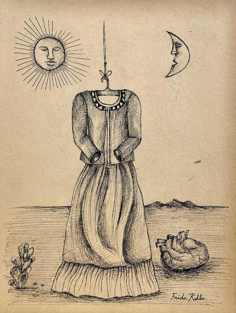 FRIDA KAHLO, Pencil on Paper.: FRIDA KAHLO (1907-1954) Title: La Ceremonia, Medium: Ink on paper, Date: c. 1950, Size: 11.75 x 8.75 in. COA by Mrs. Ruth Alvarado Rivera. Was a celebrated Mexican painter known for her complex self-p