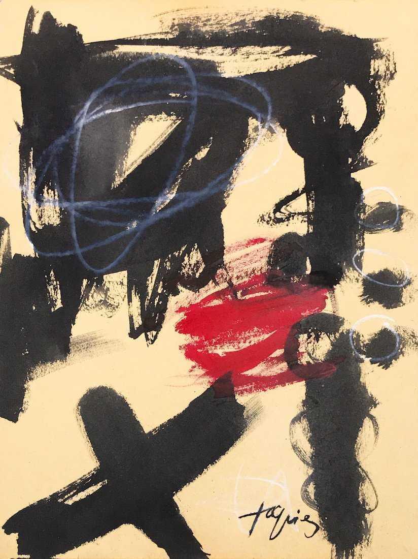 ANTONI TAPIES, Mixed Media on Paper: ANTONI TAPIES (1923-2012) Title: Untitled, Medium: Mixed media on paper, Date: c. 1990, Size: 12.25 x 9 in. C. of Attrib. Was a Spanish artist known for his mixed-media paintings that incorporated mar