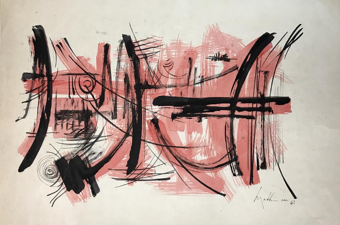 GEORGES MATHIEU, Gouache on Paper: GEORGES MATHIEU (1921-2012) Title: Composition, Gouache on Paper, Date: 1961, Size: 12.50 x 18.25 in. C. of Attrib. Is associated with Tachism (French for stain-making), a style of painting practiced
