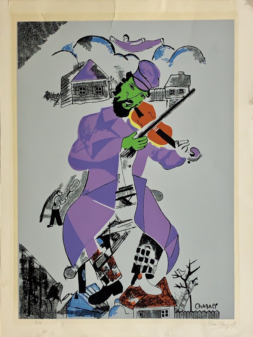 MARC CHAGALL, Limited Edition Lithograph, # 3/10: MARC CHAGALL (1887-1985) Title: The Green Violinist, Medium: Limited Edition Lithograph, # 3/10, Size: 26 x 20 in, Date: c. 1970. Was a French-Russian artist whose work anticipated the dream-like imag