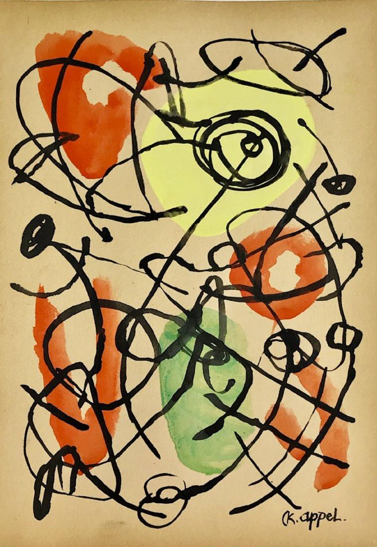 KAREL APPEL, Gouache on Paper (Attrib): KAREL APPEL (1921-2006) Title: Untitled, Medium: Gouache on Paper, Size: 11.25 x 8.25 in, Date: c. 1949. w/COA of Attrib. Was an influential Dutch painter whose figurative abstractions employed expres