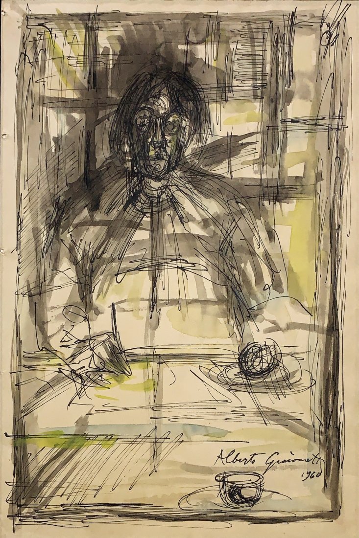 ALBERTO GIACOMETTI, Mixed Media on Paper (Attrib.): ALBERTO GIACOMETTI (1901-1966) Title: Untitled, Medium: Mixed Media on Paper, Date: 1960, Size: 12.50 x 8.75 in. w/C. of Attrib. Was a Swiss artist known for his totemic sculptures of elongated human 