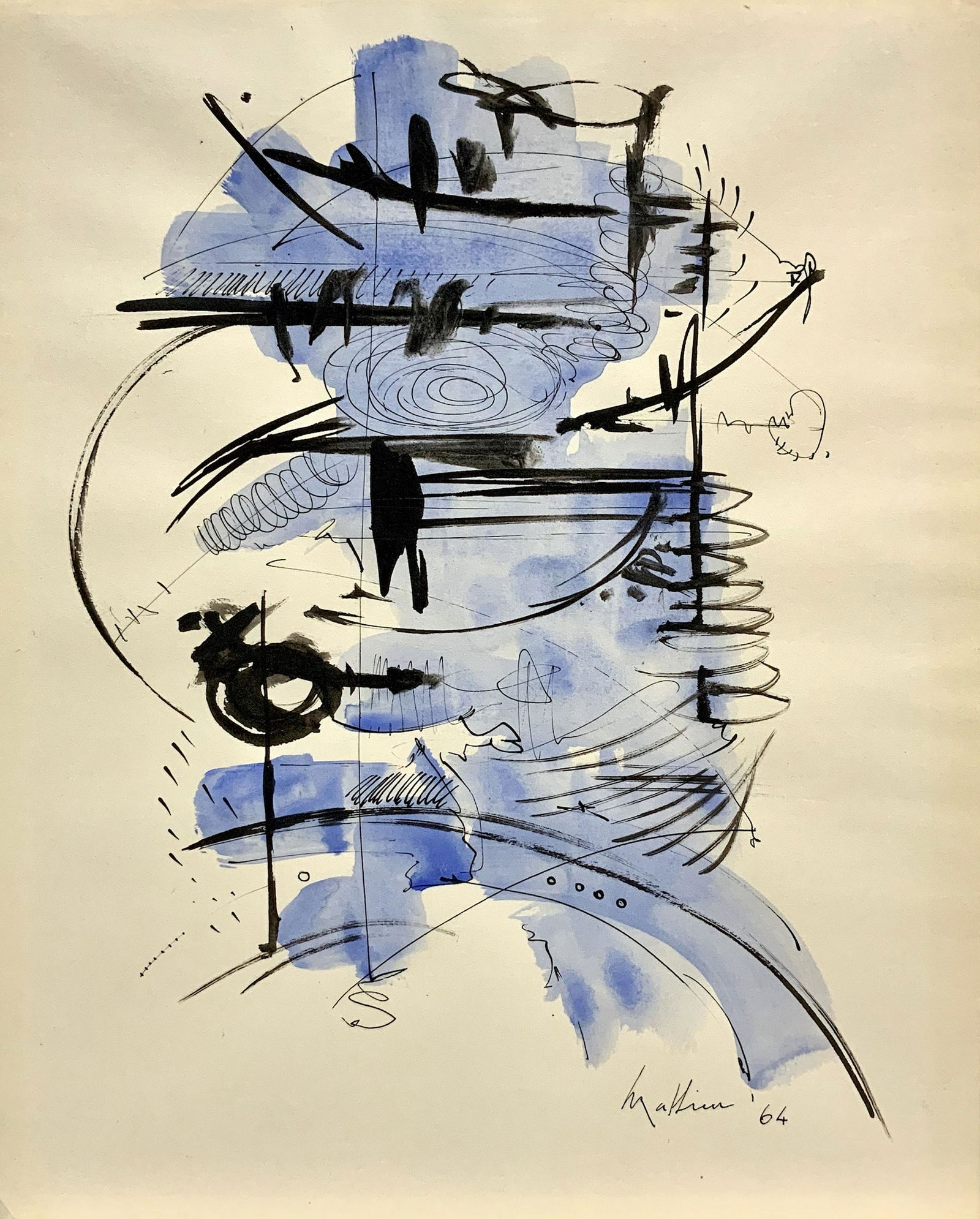 GEORGES MATHIEU, Gouache on Paper (Attrib.): GEORGES MATHIEU (1921-2012) Title: Composition, Gouache on Paper, Date: 1964, Size: 13.75 x 11 in. w/C. of Attrib. Is associated with Tachism (French for stain-making), a style of painting practiced i