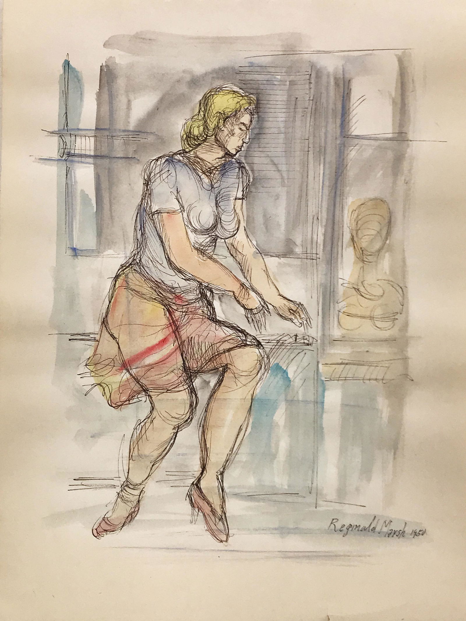 REGINALD MARSH, Mixed Media on Paper (Attrib): REGINALD MARSH (1898-1954) Title: Untitled, Medium: Mixed Media on Paper, Size: 11.75 x 8.75 in, Date: 1950. w/C. of Attribution. Was an American painter, renowned for his depictions of New York stree