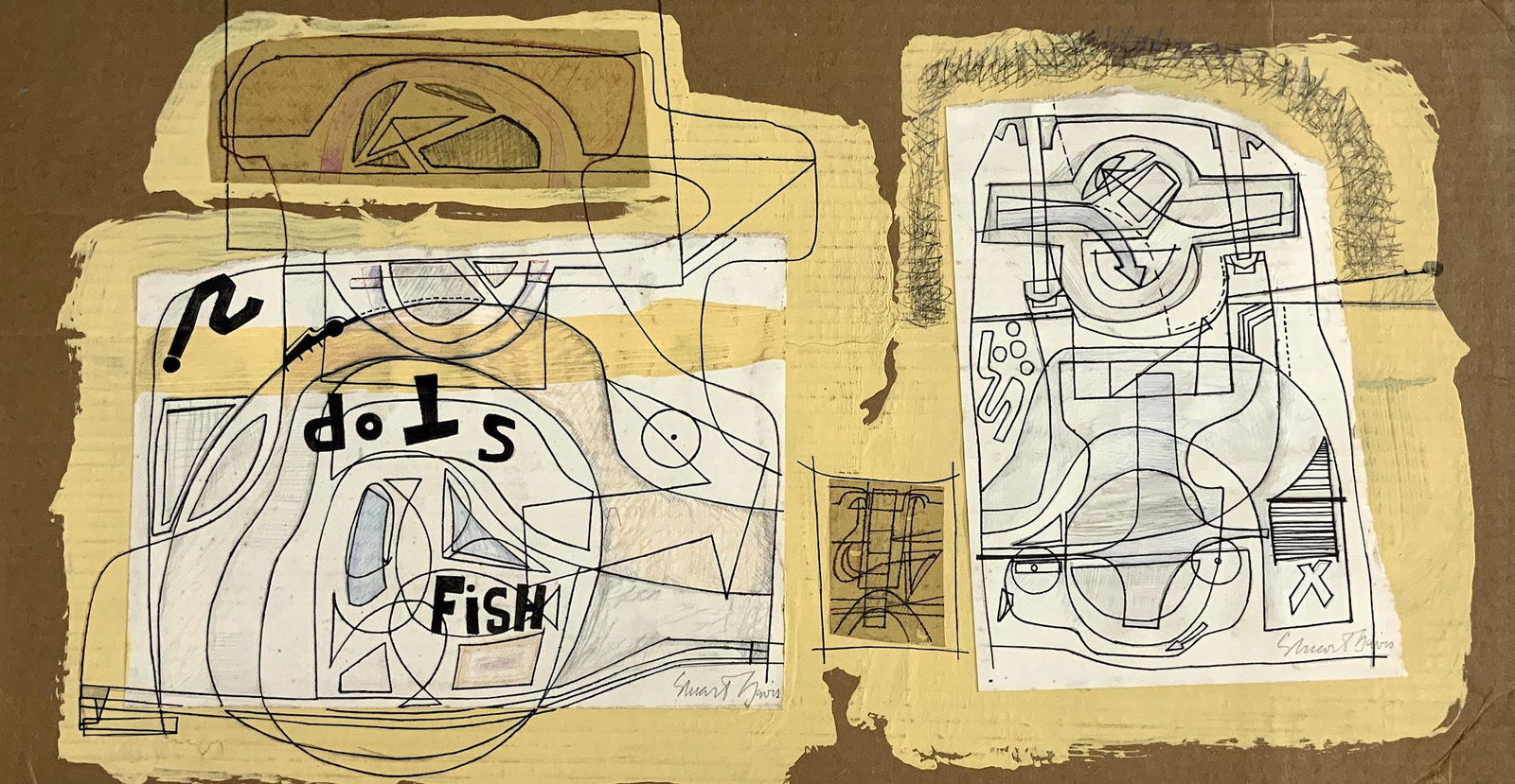 STUART DAVIS, Mixed Media on Cardboard (Attrib.): STUART DAVIS (1892-1964) Title: Untitled, Medium: Mixed Media (Collage) on Cardboard, Date: c. 1945-50, Size: 15.25 x 26 in. w/C. of Attribution. Was an American Modernist painter best known for his b