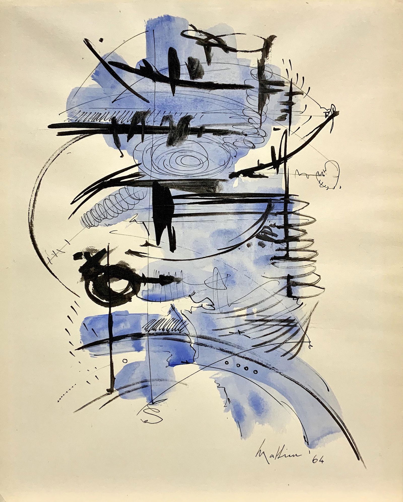 GEORGES MATHIEU, Gouache on Paper (Attrib.): GEORGES MATHIEU (1921-2012) Title: Composition, Gouache on Paper, Date: 1964, Size: 13.75 x 11 in. w/C. of Attribution. Is associated with Tachism (French for stain-making), a style of painting practi