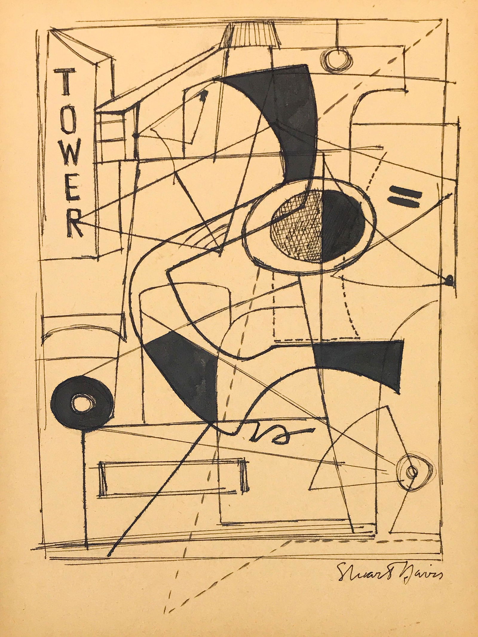 STUART DAVIS, Ink on Paper (Attrib.): STUART DAVIS (1892-1964) Title: Untitled (TOWER), Medium: INk on Paper, Date: c. 1935-40, Size: 12 x 9 in. w / C. of Attribution. Was an American Modernist painter best known for his brilliantly color