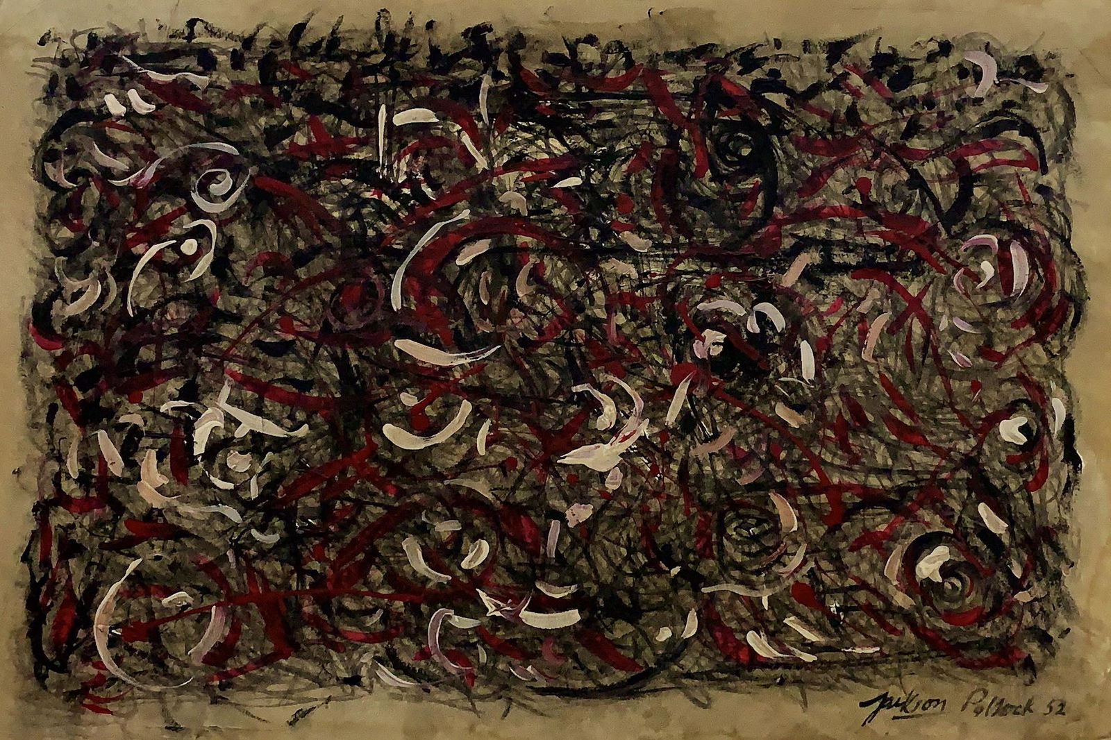 JACKSON POLLOCK, Mixed Media on Cardboard (Attrib): JACKSON POLLOCK (1912-1956) Title: Untitled, Medium: Mixed Media on Cardboard, Size: 12.50 x 18.50 in, Date: 1952. Private Collection. w / C. of Attribution. Was one of the most famous Post-War Americ
