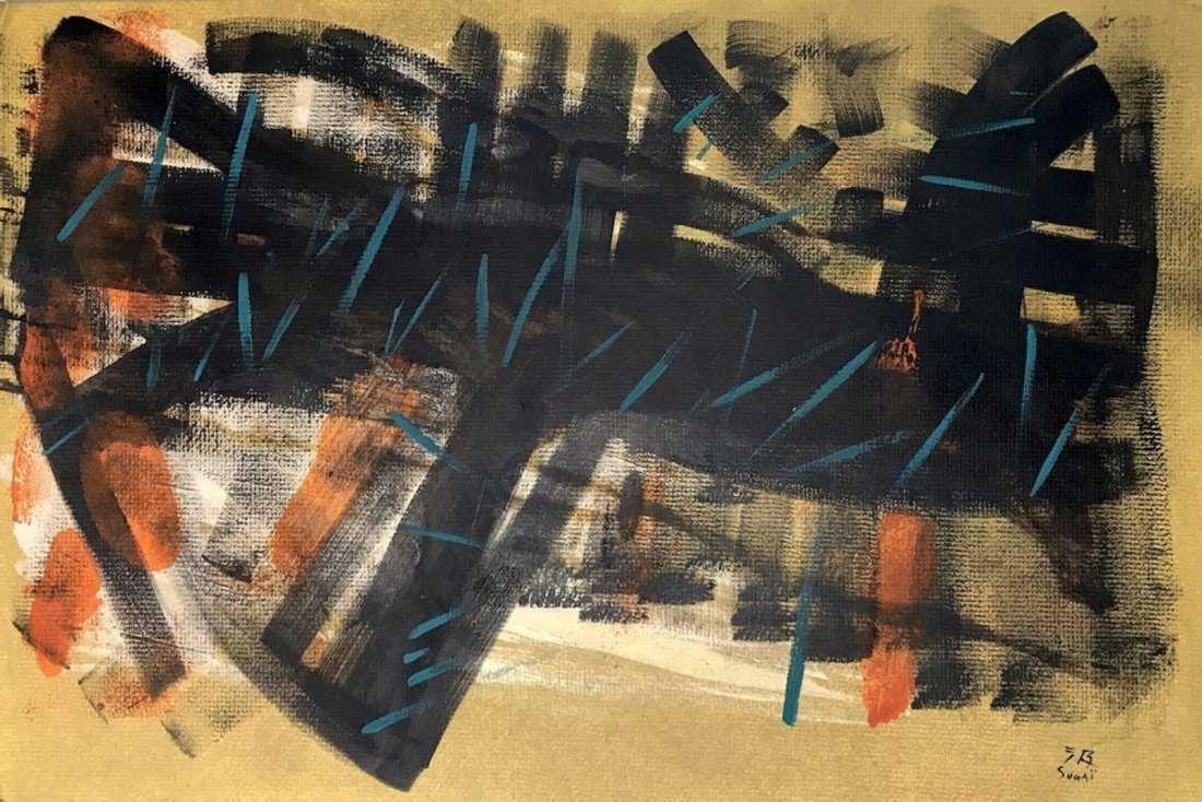 KUMI SUGAI, Mixed Media on Cardboard (Attrib): KUMI SUGAI (Japanese, 1919-1996) Title: Untitled, Medium: Mixed Media on cardboard, Size: 15 x 22.50 in, Date: c. 1957-60. w / C. of Attribution. Was a Japanese painter. Best known for his Minimalist 