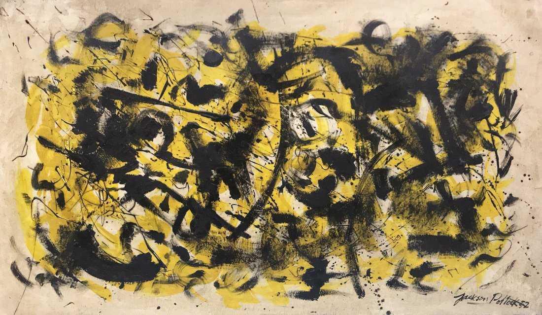 JACKSON POLLOCK, Mixed Media on Cardboard (Attrib): JACKSON POLLOCK (1912-1956) Title: Untitled, Medium: Mixed Media on Cardboard, Size: 16 x 28 in, Date: c. 1952. w / C. of Attribution. Was one of the most famous Post-War American artists. A pioneer o