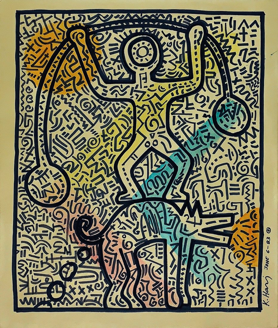 KEITH HARING, Gouache on cardboard (Attrib.): KEITH HARING (1958-1990) Title: Untitled, Medium: Gouache on cardboard, Size: 22.75" x 19.25" (in), Date: 1983 (June 6-83). w / C. of Attribution. Was an American artist and social activist known for 