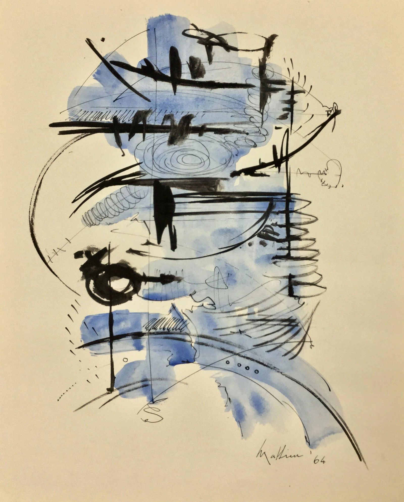 GEORGES MATHIEU, Gouache on Paper (Attrib.): GEORGES MATHIEU (1921-2012) Title: Composition, Gouache on Paper, Date: 1964, Size: 13.75 x 11 in. w / C. of Attribution. Is associated with Tachism (French for stain-making), a style of painting prac