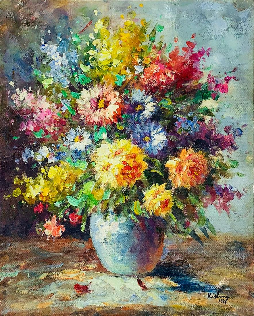 MOISE KISLING, Oil on wood (Attrib.): MOISE KISLING (1891-1953) Title: Untitled (Flowers), Medium: Oil on wood, Date: 1947, Size: 10" x 8" (in). w / C. of Attribution. Was a French-Polish painter best known for his highly stylized, unsett