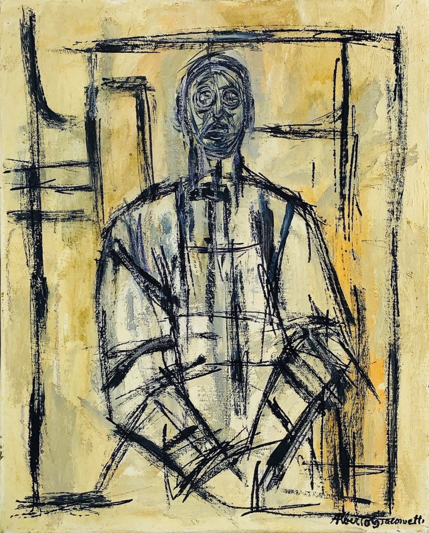 ALBERTO GIACOMETTI, Oil on canvas (Attrib.): ALBERTO GIACOMETTI (1901-1966) Title: Untitled, Medium: Oil on canvas, Date: c. 1957-62, Size: 20" x 16" (in). w / C. of Attribution. Was a Swiss artist known for his totemic sculptures of elongated h