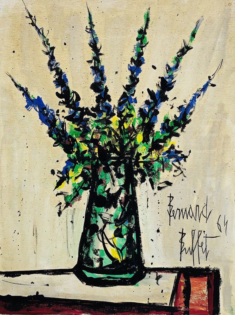 BERNARD BUFFET, Oil on canvas panel (Attrib): BERNARD BUFFET (1928-1999) Title: Untitled (Flowers), Medium: Oil on canvas panel, Date: 1964, Size: 13.75 x 10.75 in. w / C. of Attrib. Was a French Expressionist painter. Best known for his represen