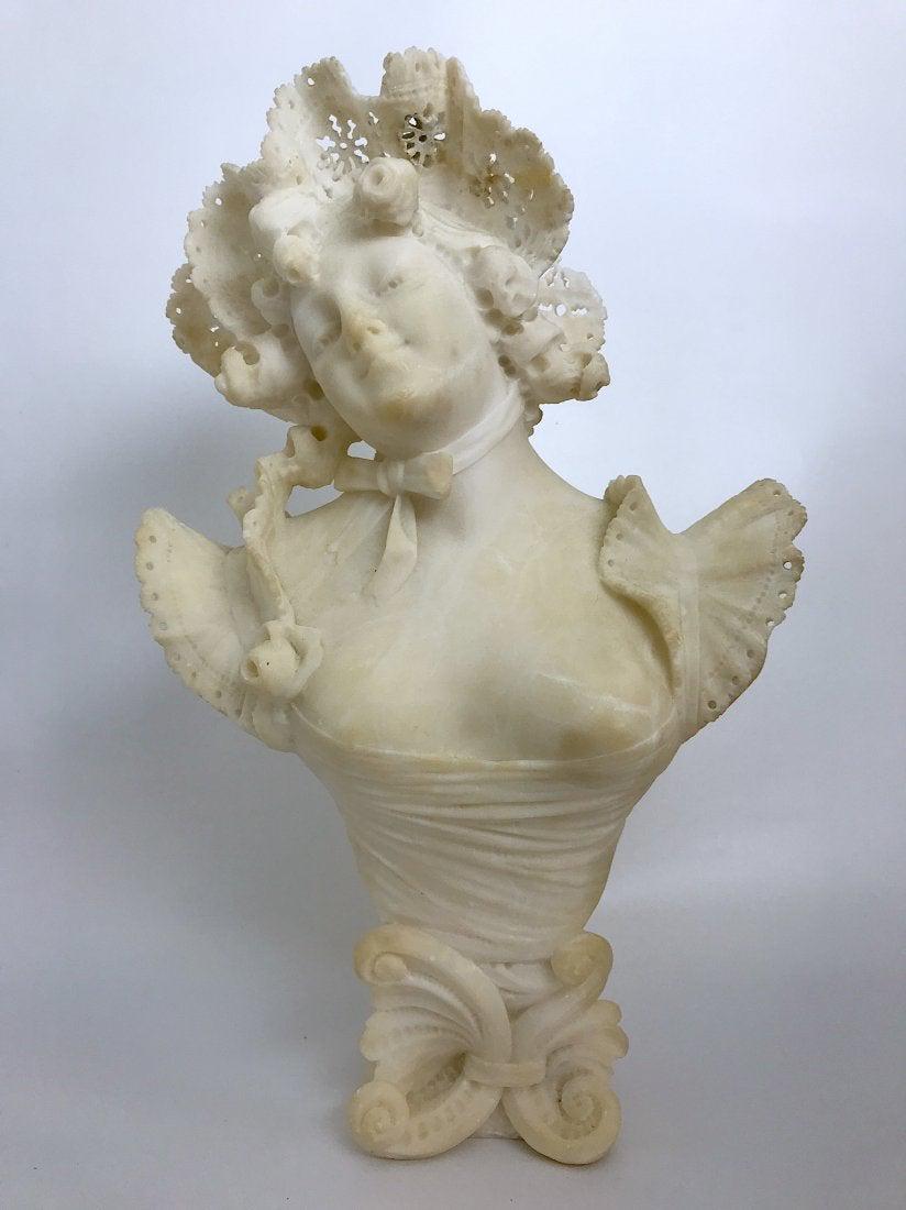 Alabaster Sculpture Louis XV Style, c. 1920: Alabaster Sculpture Louis XV Style (Lady with Pamela), Size: 15 x 8.25 x 6.50 in, c. 1920.