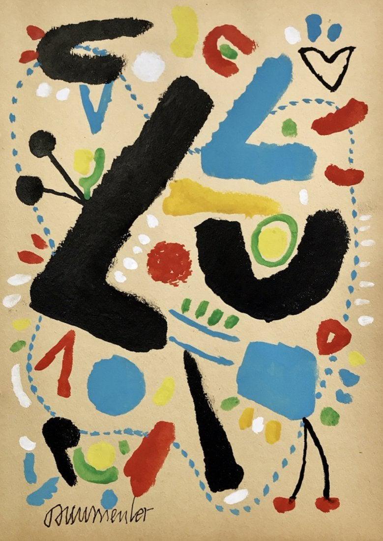 WILLI BAUMEISTER, Gouache on Paper (Attrib): WILLI BAUMEISTER (1889-1955) Title: Untitled, Medium: Gouache on Paper, Date: c. 1950, Size: 11.25 x 8 in. w / C. of Attribution. Was a German painter whose work used free-floating forms and lines to