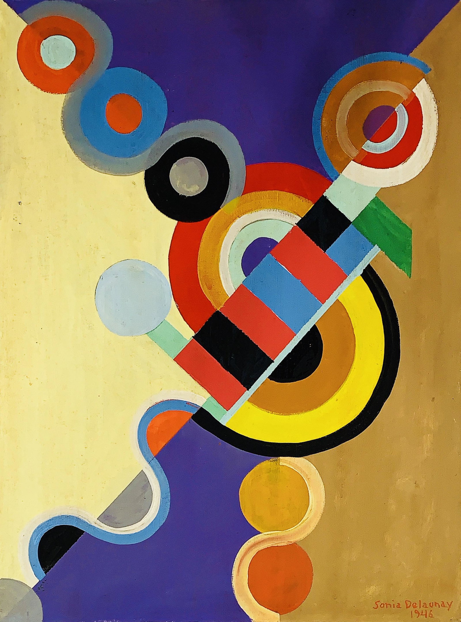 SONIA DELAUNAY, Oil on canvas (Attrib.): SONIA DELAUNAY (1885-1979) Title: Untitled (Composition with Semicircles, Medium: Oil on canvas, Size: 24" x 18" (in), Date: 1946. w / C. of Attribution. Was a Ukrainian-born French artist and designe