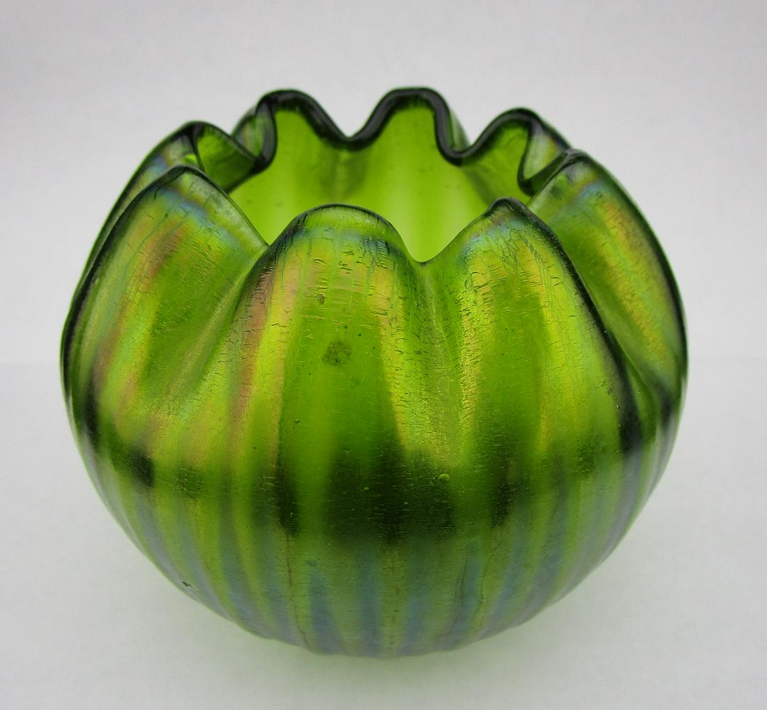 Loetz Style Iridescent Glass Papilon Vase: Loetz Style Iridescent Glass Papilon Vase, 3.5" x 4.25"