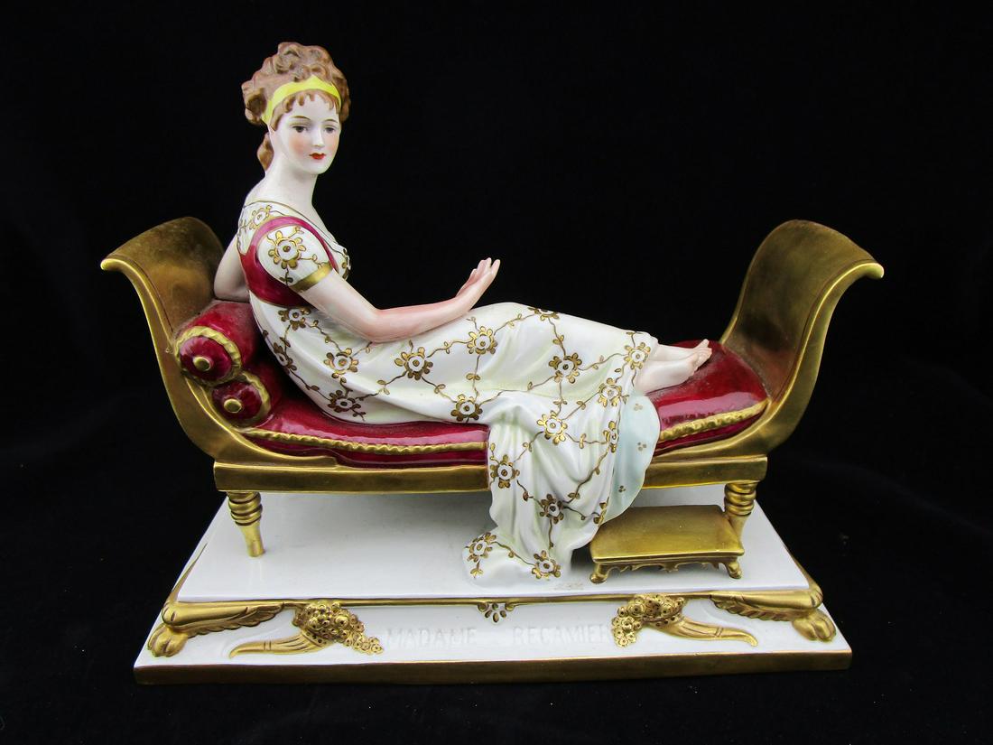 ANTIQUE SCHEIBE ALSBACH FINE PORCELAIN FIGURINE: ANTIQUE MADAME RECAMIER GERMAN FINE PORCELAIN FIGURINE, MEASURES 7 1/2" LENGTH Scheibe Alsbach Madame Recamier Porcelain Figure. Figure of Jeanne Francoise Julie Adelaid Recamier. After the famous pai
