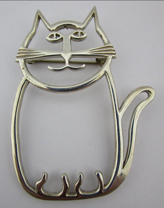 Large Designer Signed Sterling Silver Stylized Cat: Large Designer Signed Sterling Silver Stylized Cat Brooch