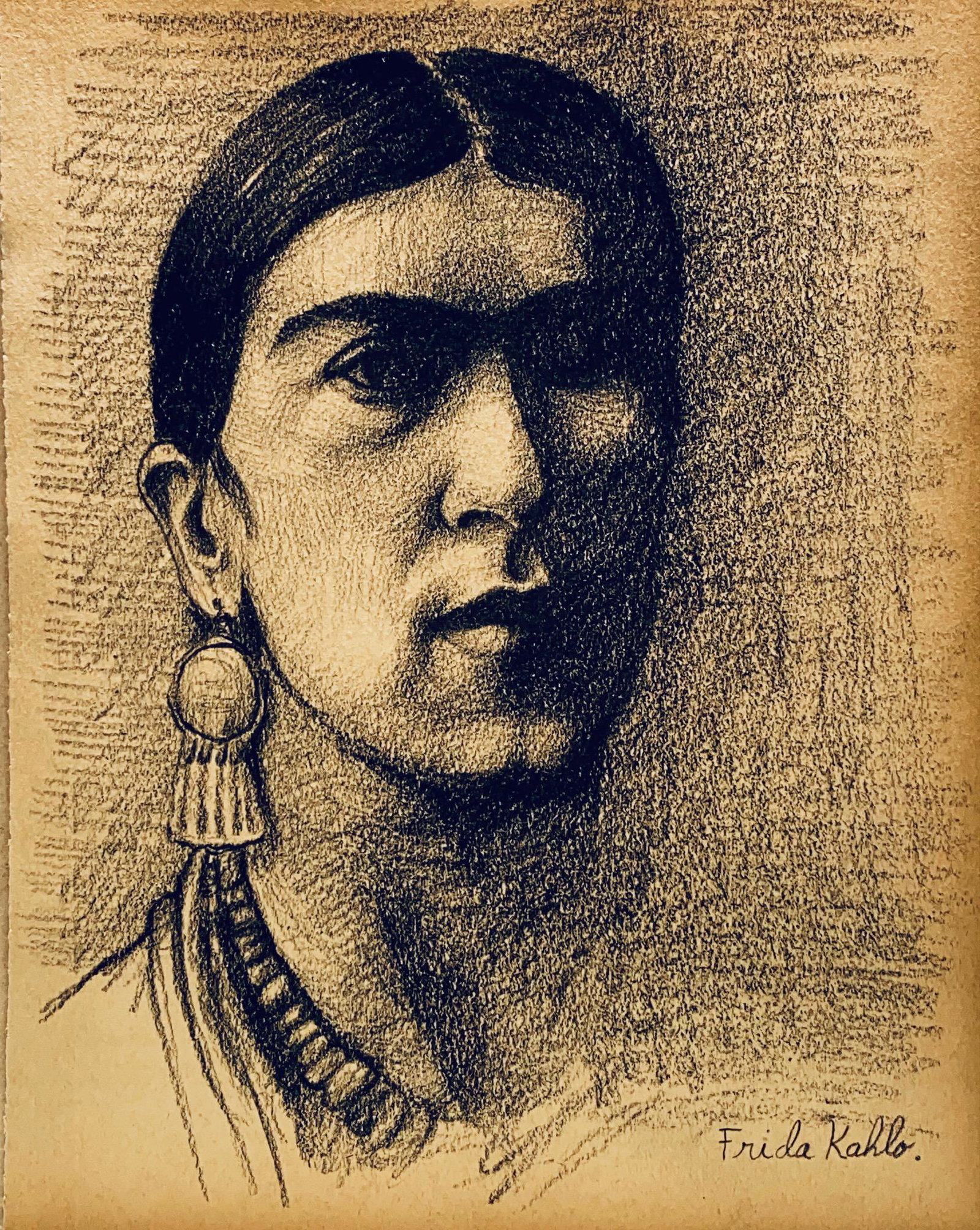 FRIDA KAHLO, Charcoal on Paper.: FRIDA KAHLO (1907-1954) Title: Autorretrato, Medium: Charcoal on paper, Date: ca. 1940-43, Size: 10.75\" H x 8.25\" W (in). COA by Mrs. Ruth Alvarado Rivera. Was a celebrated Mexican painter known for